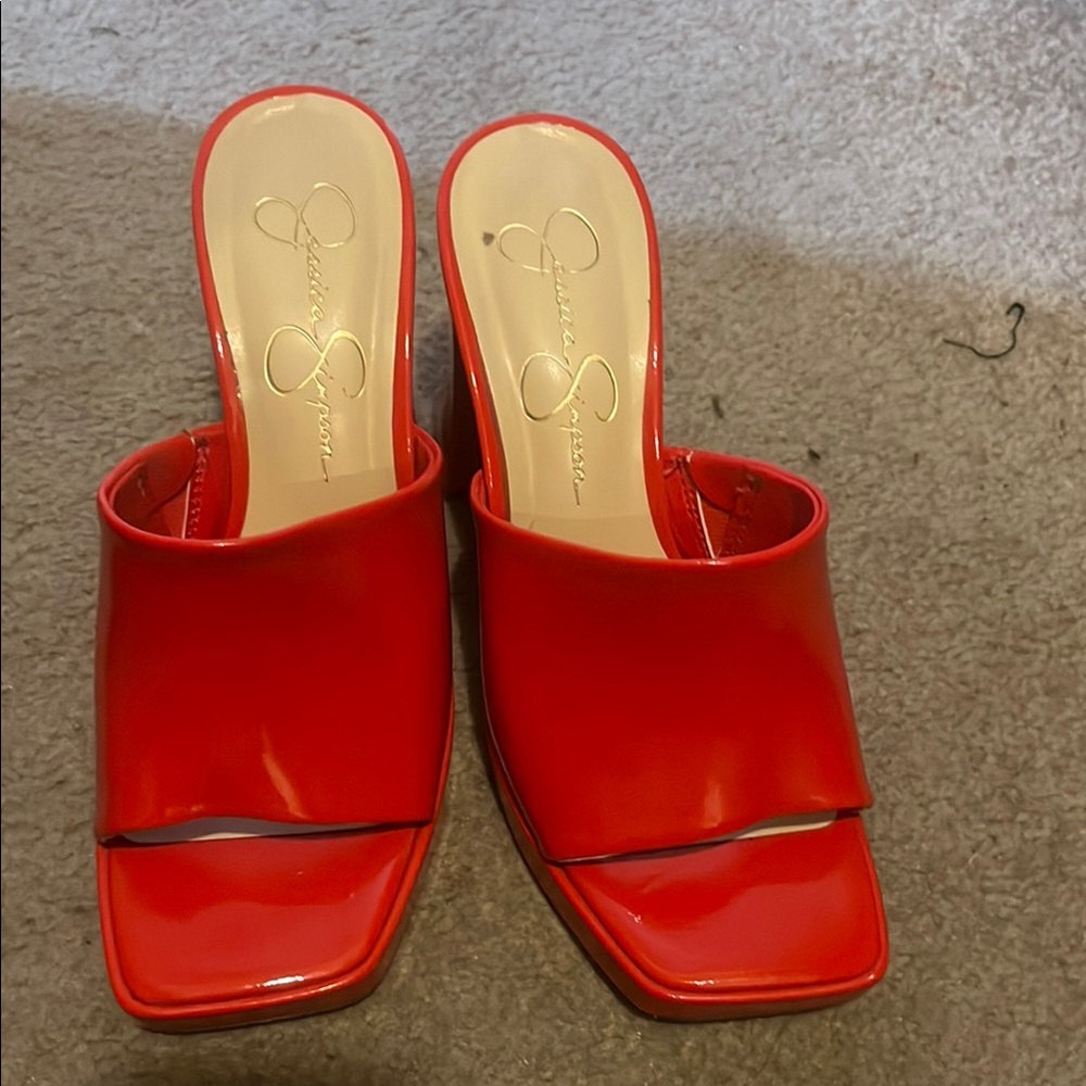 Jessica Simpson Red Mules with Square Toe and High Heel